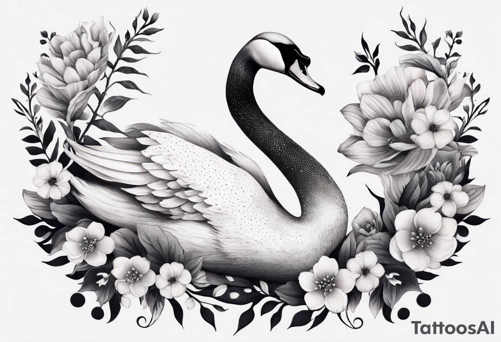 swan tattoo with botanical flowers tattoo idea