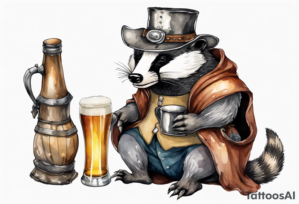 a medieval fat badger wearing a tunic and a tattered hat drinking from a pewter mug of beer tattoo idea