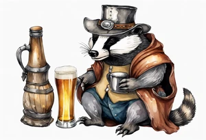 a medieval fat badger wearing a tunic and a tattered hat drinking from a pewter mug of beer tattoo idea