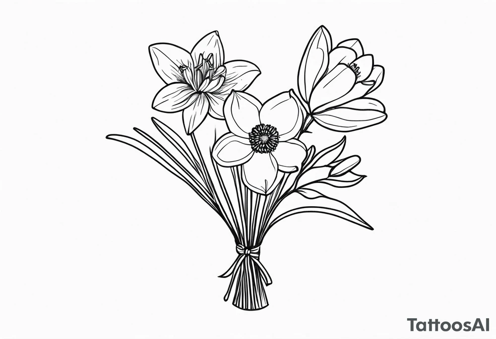 bouquet of flowers containing one lily, one daisy, one daffodil, and one narcissus. fine line with the stems in a bouquet tied by a bow. small bouquet. very dainty style. tattoo idea