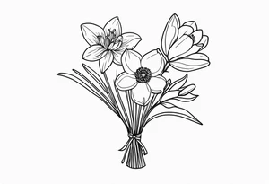 bouquet of flowers containing one lily, one daisy, one daffodil, and one narcissus. fine line with the stems in a bouquet tied by a bow. small bouquet. very dainty style. tattoo idea
