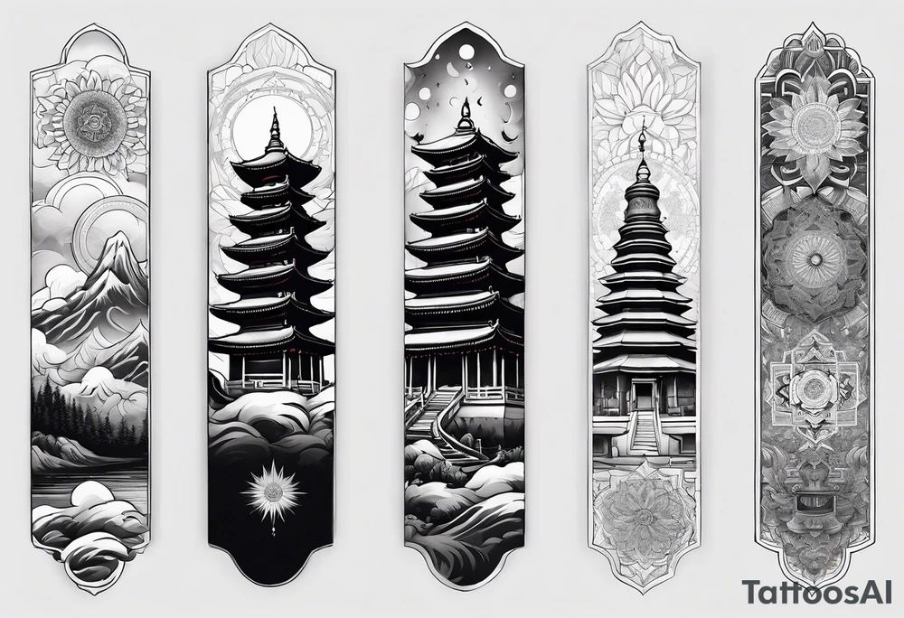 The back of a forearm including a world map, a Buddhist temple and a mandala tattoo idea