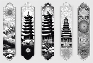 The back of a forearm including a world map, a Buddhist temple and a mandala tattoo idea