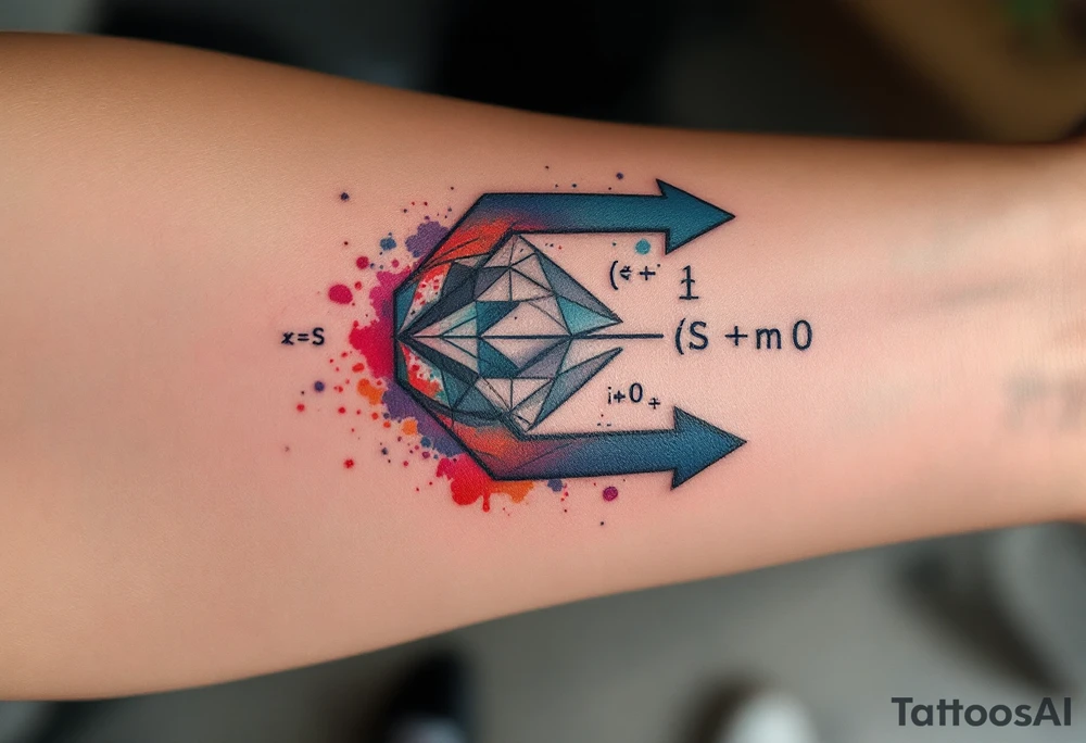 A front-seen brain in geometric and straight lines, math symbols arround. A detailed arrow crosses from below and exit from the top, with its tip desintegrating to represent entropy and watercolor stains spilled from the arrow. Around of the main tattoo, math and physics formulas fill the space, including the formula "ΔS ≥ 0" and the formula "(iδ + m) Φ = 0" tattoo idea
