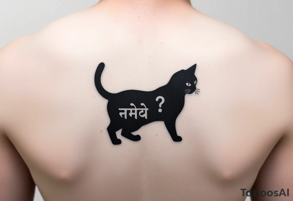 "Minimalist black tattoo of a quantum cat. Design elements:  
1. Outline made of binary code (alternating 0 and 1, crisp 1.5mm lines)  
2. Negative space inside body reveals hidden Sanskrit text ('अवलोकन न करें') when tilted  
3. Tail curves into a question mark  

Technical specs:  
- Pure black ink  
- Size: 8x5cm (forearm placement)  
- Style: geometric dotwork with optical illusion  

Philosophical hook: 'The cat only exists when unobserved'" tattoo idea