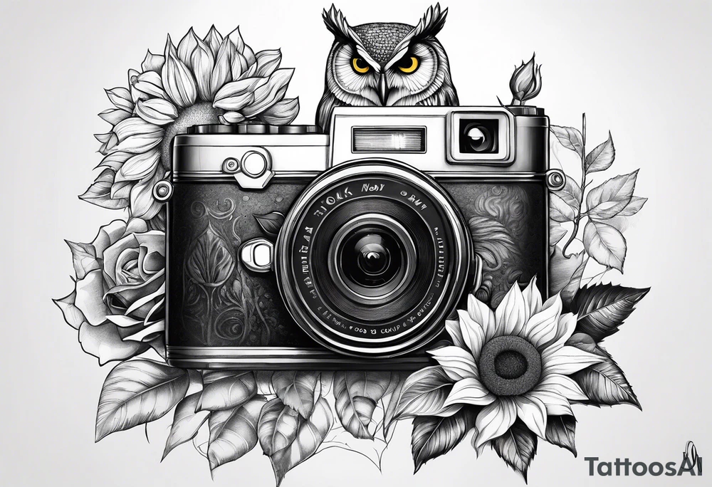 Sunflower, camera, book, owl, flower rose tattoo idea