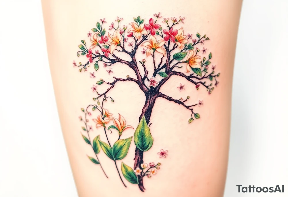 Lilly of the vally plants underneath a blooming hawthorn tree tattoo idea