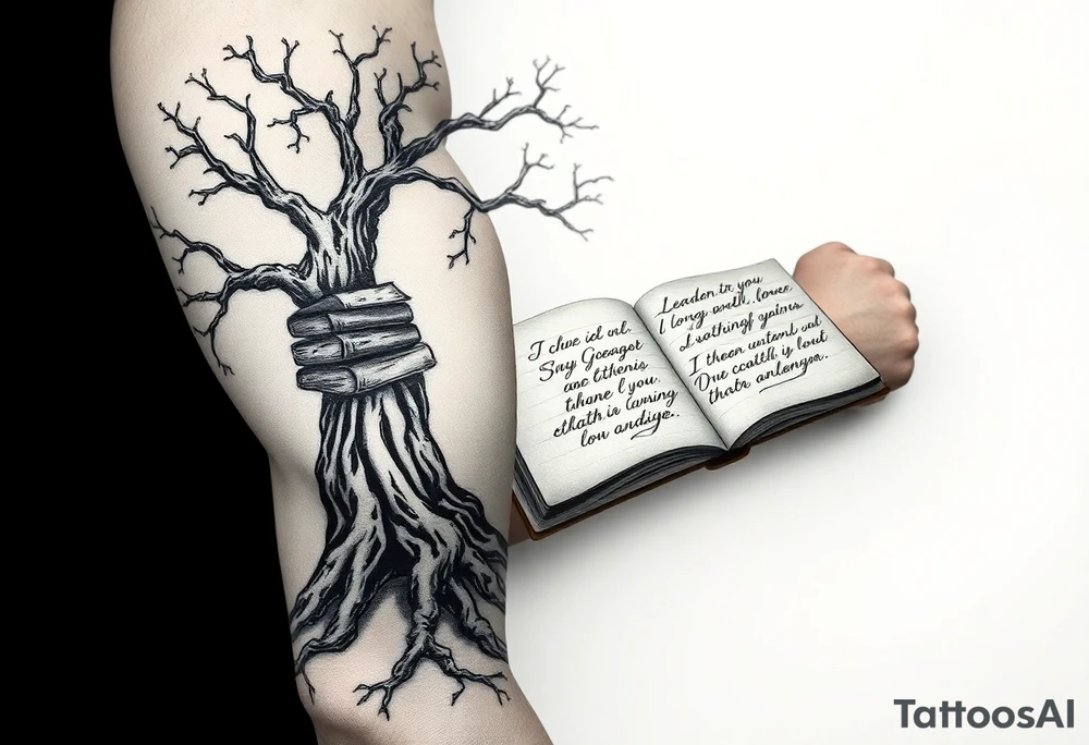 Dark 
tree of knowledge with books connected as roots stacked up and an open journal with beautiful cursive writing at tattoo idea
