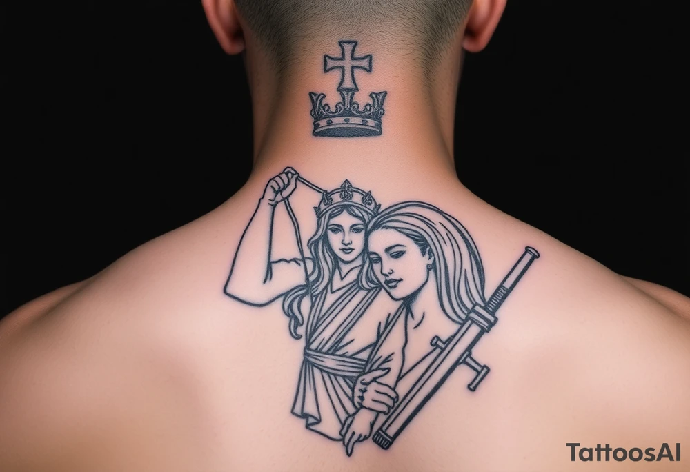 Protect religious statues watch over female in military tattoo idea