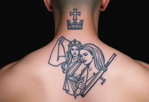 Protect religious statues watch over female in military tattoo idea