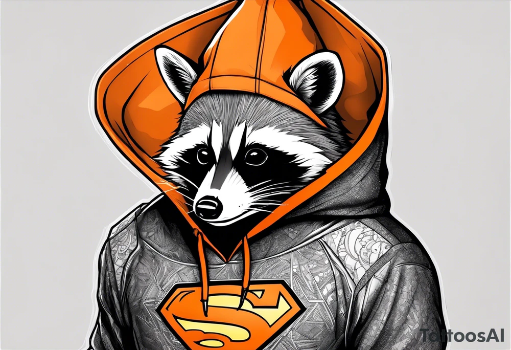 Raccoon wearing an orange Superman hoodie tattoo idea