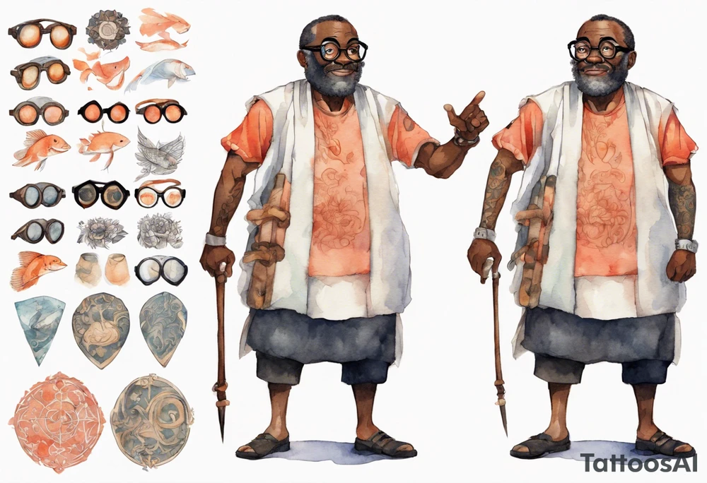 a middle-aged medieval black man wearing round glasses, wearing tunic, wearing salmon bracers tattoo idea