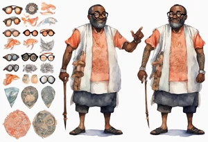 a middle-aged medieval black man wearing round glasses, wearing tunic, wearing salmon bracers tattoo idea