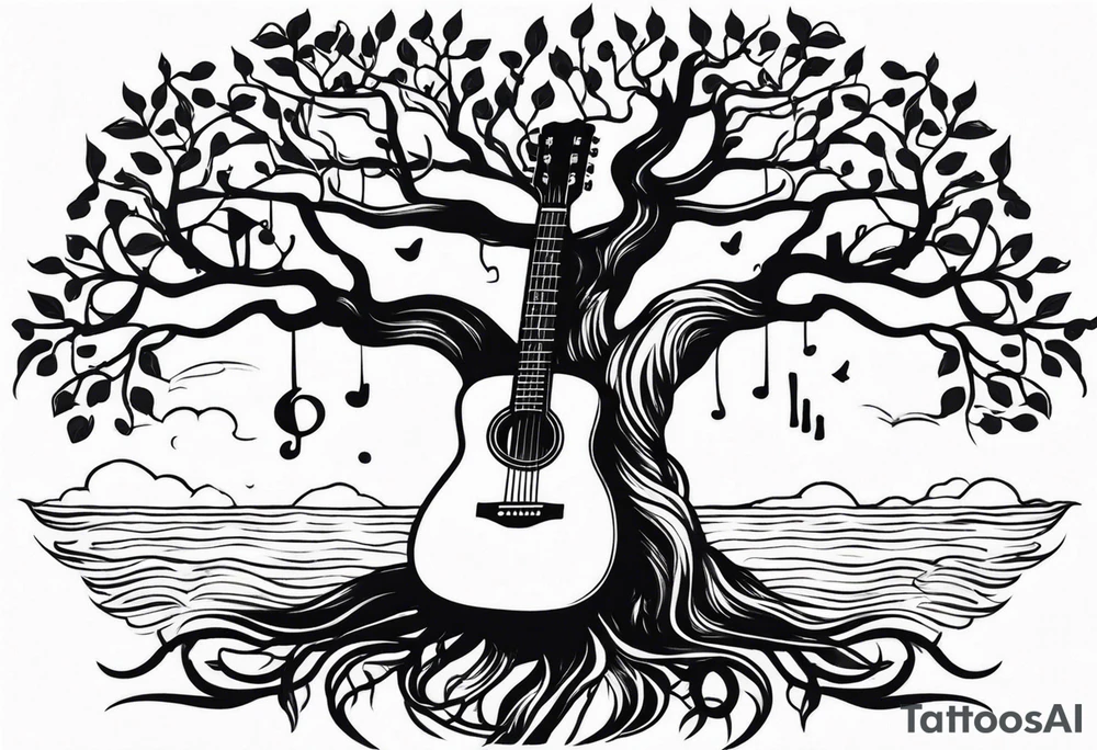 tree with guitar neck as trunk and roots are an anchor tattoo idea