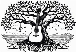 tree with guitar neck as trunk and roots are an anchor tattoo idea