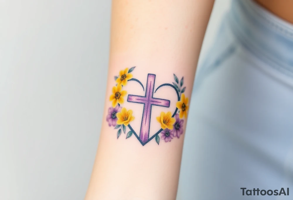 Yellow daisy Purple Hearts around a cross tattoo idea