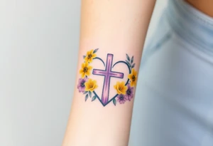 Yellow daisy Purple Hearts around a cross tattoo idea