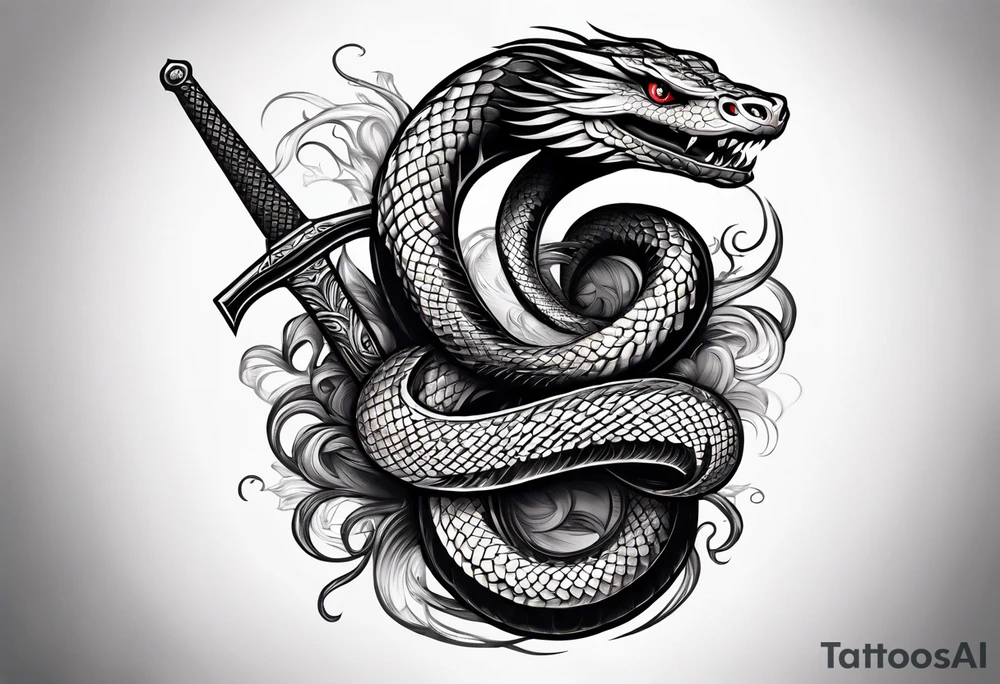 angry snake coiled around a sword tattoo idea