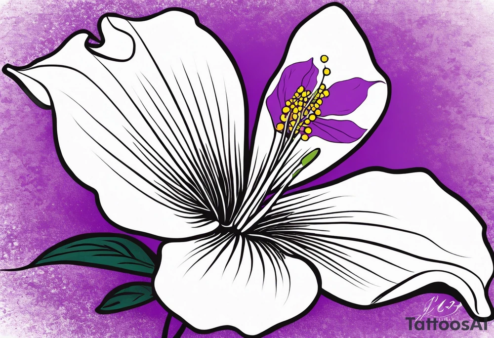 An outline of a rio dipladenia flower with a brush stroke green and purple background tattoo idea