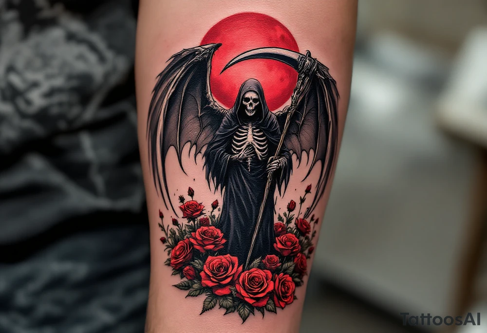 A grim reaper with skeletal wings, standing in a field of dying roses under a blood-red moon. tattoo idea