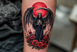 A grim reaper with skeletal wings, standing in a field of dying roses under a blood-red moon. tattoo idea