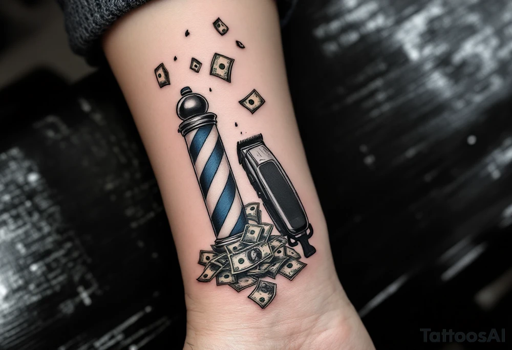 Barber pole and clipper with raining money tattoo idea
