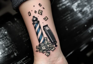 Barber pole and clipper with raining money tattoo idea