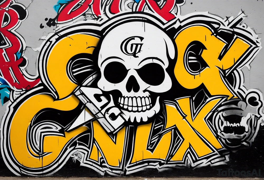 street art graffiti skull with the words "GenX OG" tattoo idea