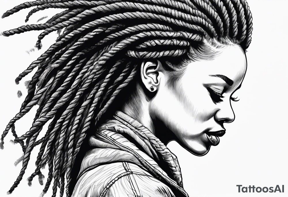 Draw a women head with real dread locks flying in the air, tattoo idea