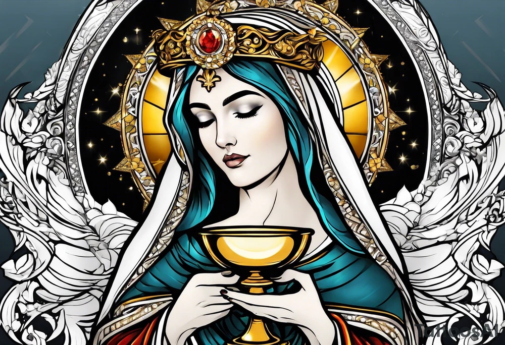 holy saint woman with golden halo holding a chalice tattoo idea