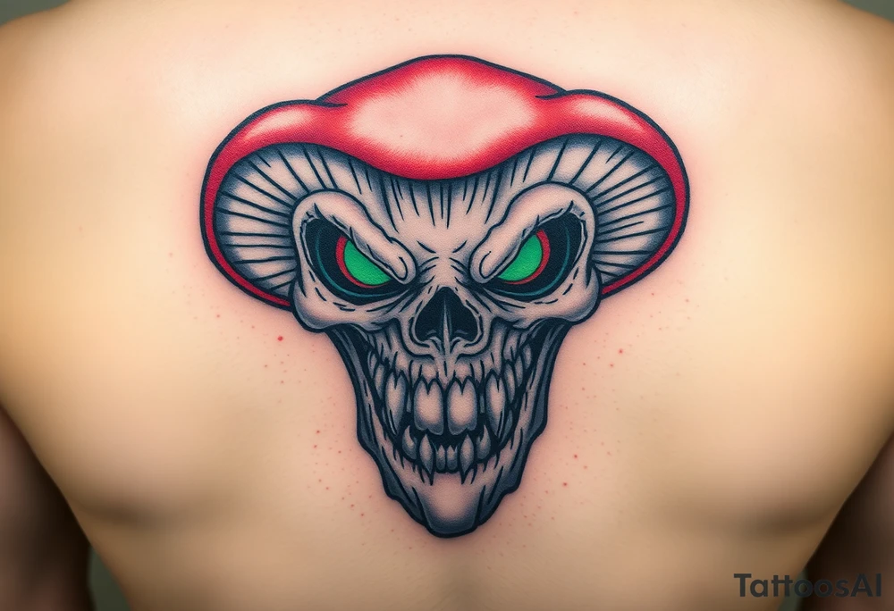 *"A realistic yet caricature-style human-faced mushroom, sinister demonic expression, glowing hollow eyes, jagged teeth, and wrinkled skin texture. Dark fantasy theme, black and blood-red ink with subtle green shadows (like bioluminescent decay).
Small tattoo design (5-7 cm), intricate shading (cross-hatching and stippling), inspired by Victorian grotesque illustrations and Tim Burton's style. Do not make it cute; focus on horror and uncanny vibes."* tattoo idea