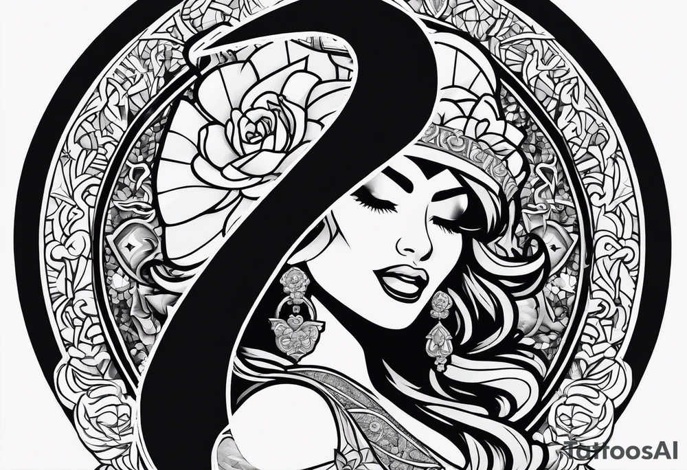 Latina Queen ahegao, drooling, happy, Spade Symbol with letter Q in the center of the spade framed, surrounded by whitespace hentai tattoo idea