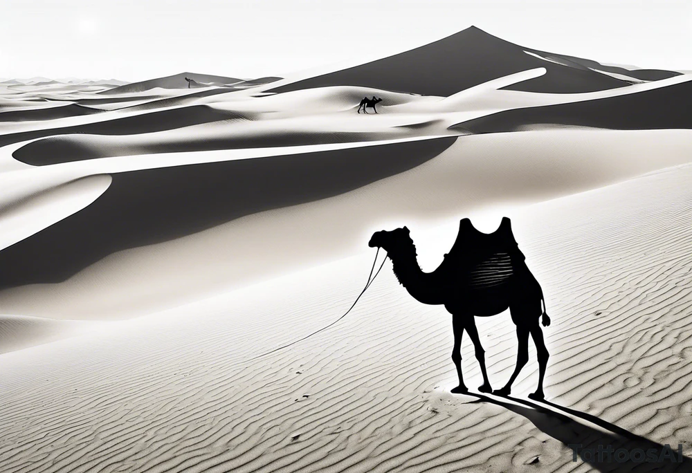 "Design a tattoo depicting a distant view of a vast desert landscape with low, undulating sand dunes. Capture a man and his camel moving away, leaving footprints in the sand, both resilient against the harsh environment. The man covers his face with a long cloth, adding a sense of mystery and solitude to the scene." tattoo idea