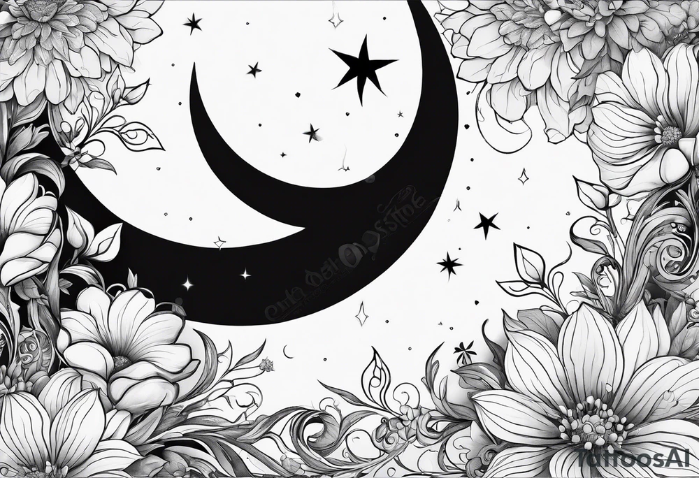 Crescent moon with a heart inside, shrouded by beautiful flowers with wisps of mist tattoo idea