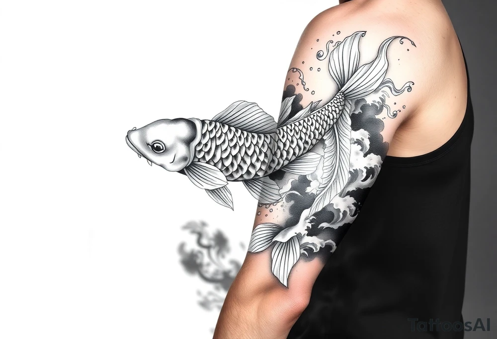 traditional koi fish swimming upstream through turbulent waves tattoo idea
