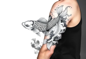 traditional koi fish swimming upstream through turbulent waves tattoo idea