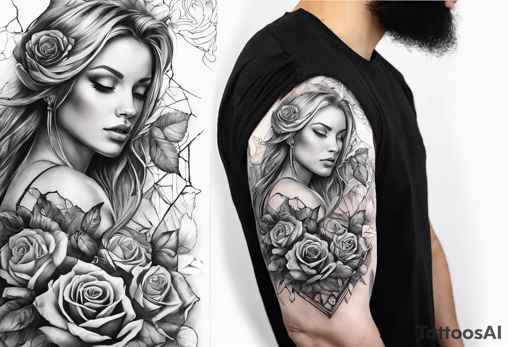 fool sleeve,, abandoned old gotic house, broken sword, roses, tattoo idea