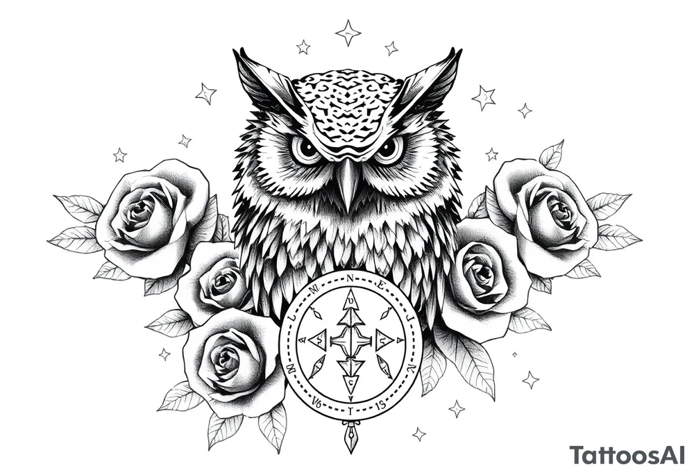 an owl,compass,roses,stars. tattoo idea
