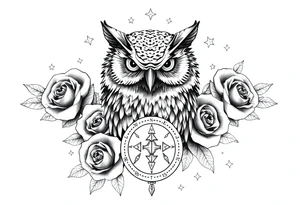 an owl,compass,roses,stars. tattoo idea