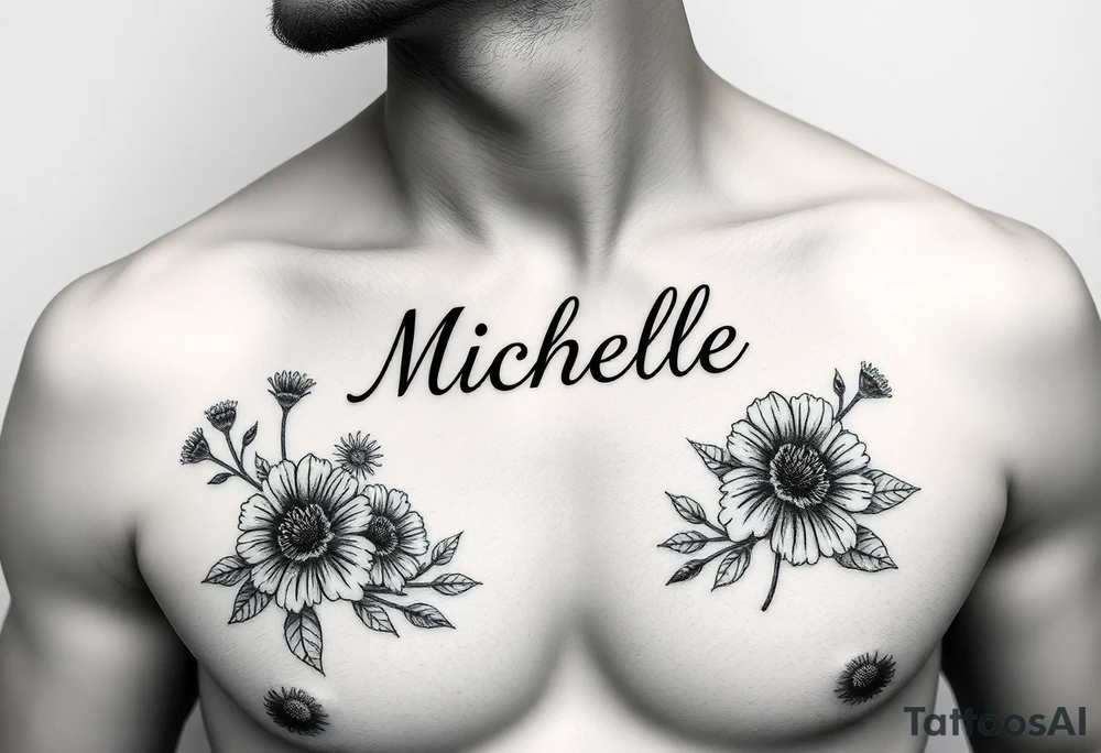 Create a tattoo on a man’s chest of the name Michelle. Wildflower theme tattoo idea