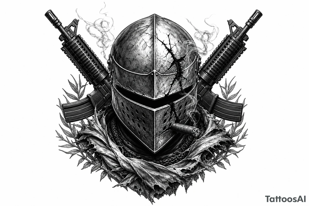 Knight's helmet visor cracked, cigar smoldering, rifles angled in background. tattoo idea