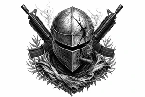 Knight's helmet visor cracked, cigar smoldering, rifles angled in background. tattoo idea