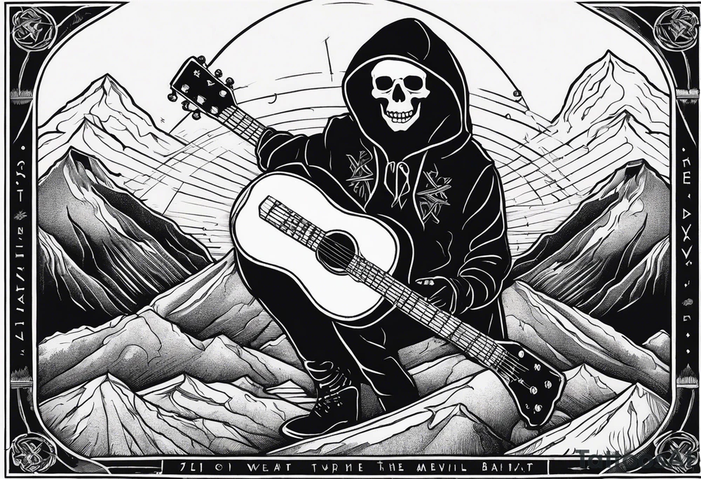 A tarot card showing a hooded skeleton playing a v shaped guitar on top of a mountain made of amps,  the text says "XXII The Bard", lightnings in the background tattoo idea