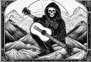 A tarot card showing a hooded skeleton playing a v shaped guitar on top of a mountain made of amps,  the text says "XXII The Bard", lightnings in the background tattoo idea