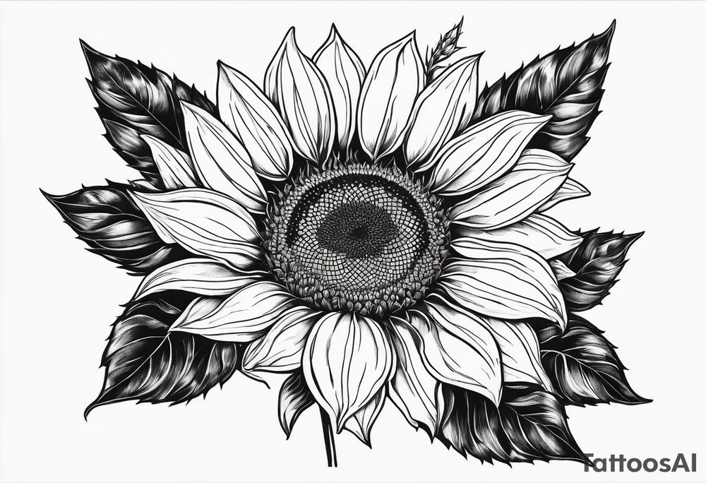 Sunflower realistic black and white fine line detailed tattoo idea
