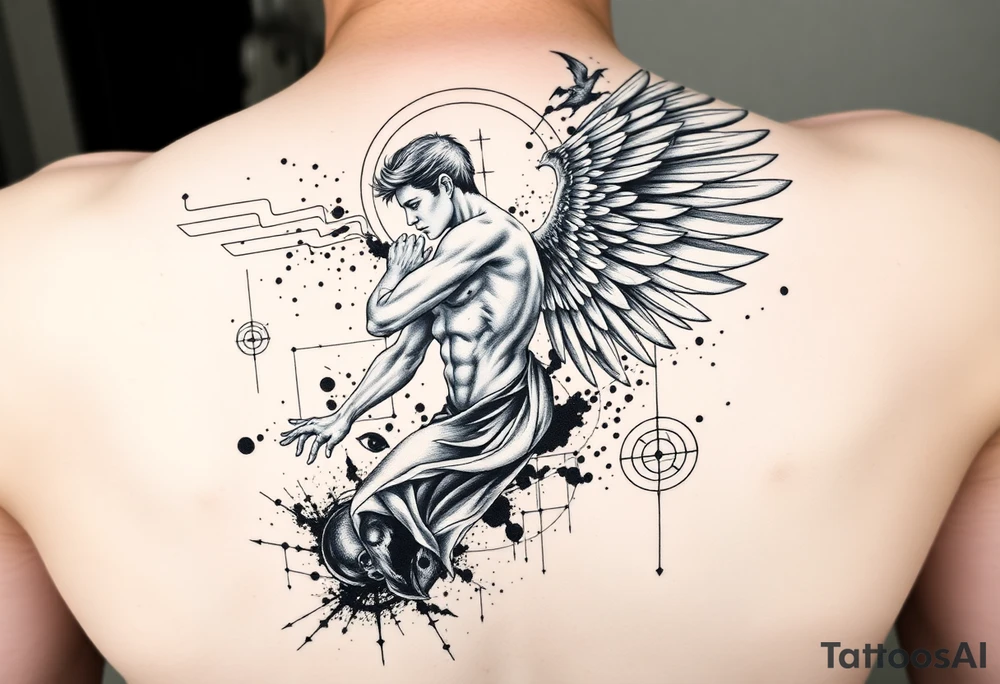 Highly detailed black and white tattoo design for forearm placement, allowing future extension into a full sleeve. Depict a dramatic surreal composition with a muscular male or androgynous angel in dynamic motion, large detailed wings partly torn or dissolving into abstract ink splashes, mixed with one demonic wing, surrounded by fine sacred geometry lines and circles, mythological and symbolic elements inspired by Icarus and Prometheus. Integrate fragmented body parts effect, thin minimal linework mixed with fine sketch shading, surreal horror accents like abstract dripping eyes, occult and alchemical symbols, black ink smoke, and thin composition lines connecting elements. High contrast, clean outlines, artistic etching style blended with minimal modern tattoo aesthetics, no background. tattoo idea