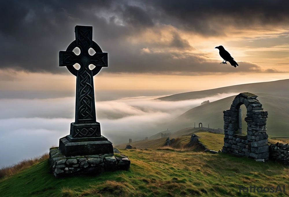 A stone Celtic cross solemnly standing atop a hill, a raven perches atop the cross staring out over the desolation. A ruined stone wall lies crumbling near the cross. Mist rolls along the hilltops adding to the melancholic nature of the scene. Clouds gather in the distance, obscuring the setting sun tattoo idea