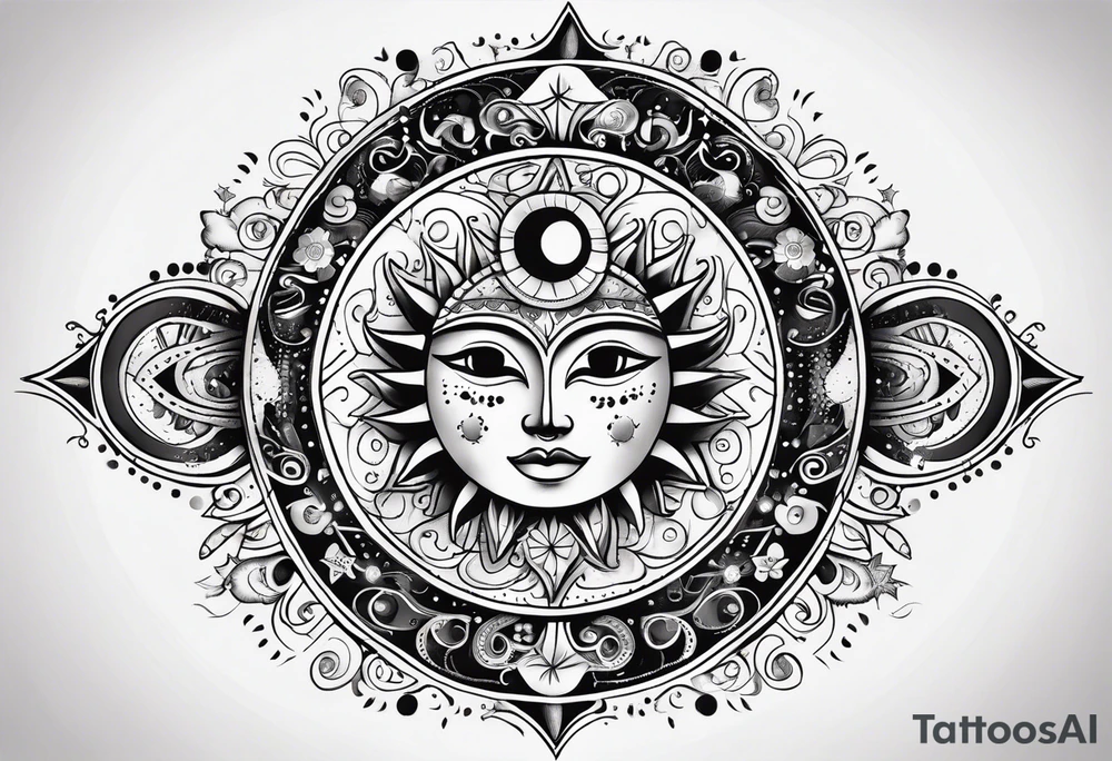 Mexican alien Sun and moon. Freeform rectangular sternum swirls with dots and stars tattoo idea