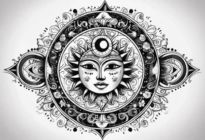 Mexican alien Sun and moon. Freeform rectangular sternum swirls with dots and stars tattoo idea