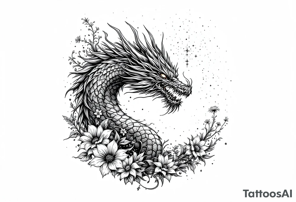 legendary dragon scene with energy aura flowers power effects tattoo idea